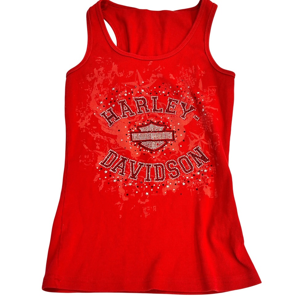 Harley Davidson Tank Top Women M Red Excellent Rhinestone Logo Roadhouse Ribbed